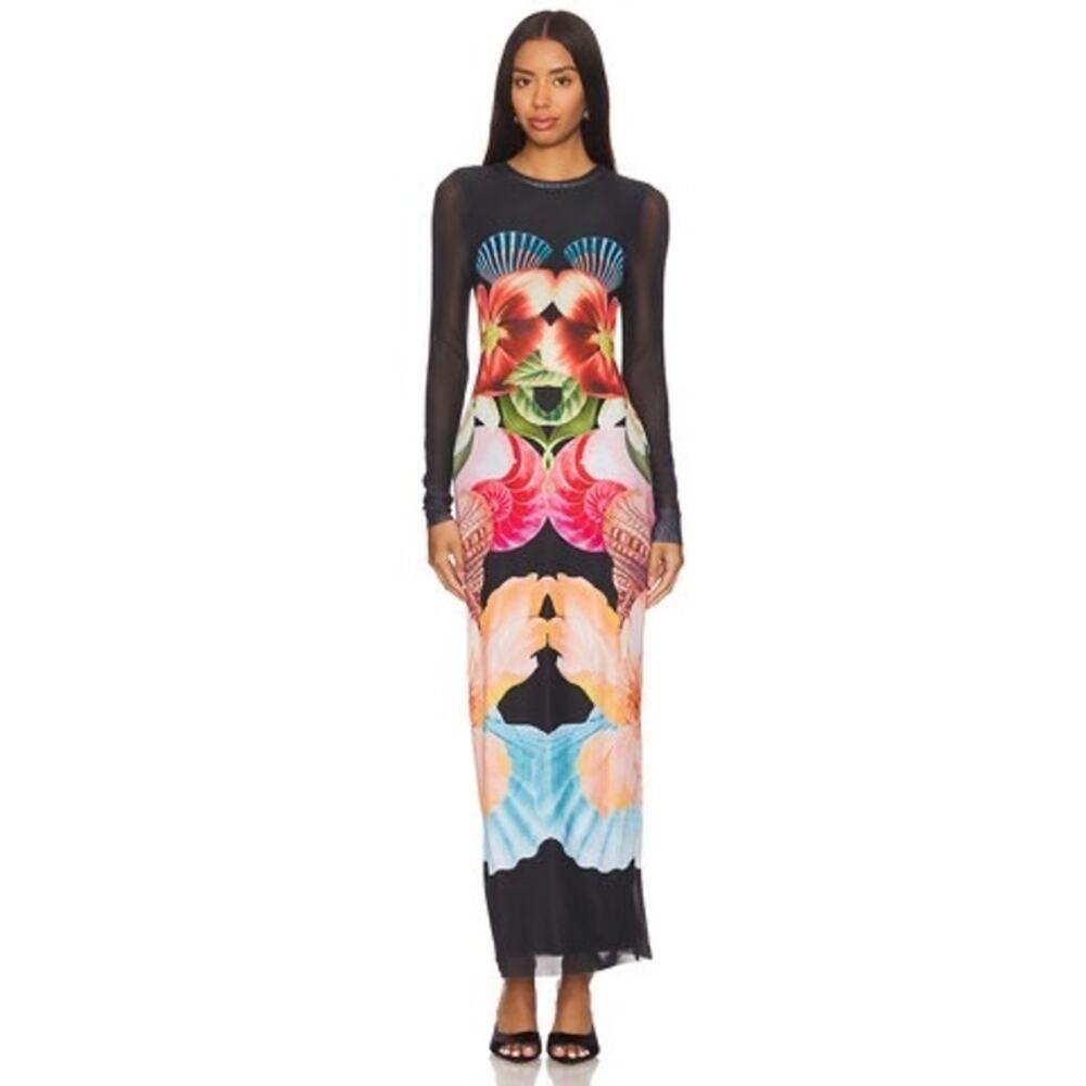 AFRM Women's Hibiscus Shell Black Design Cap Sleeve Mesh Maxi Dress Size Small